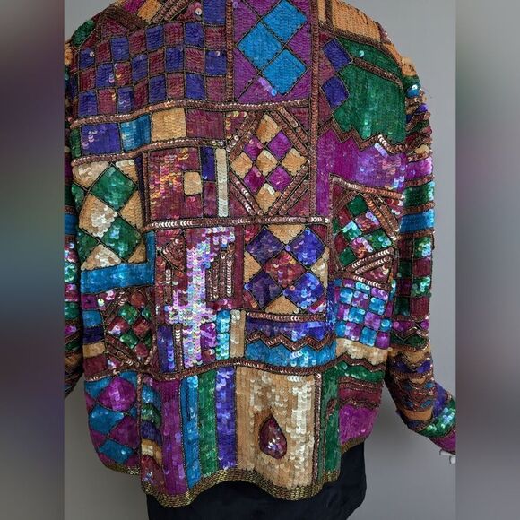 Vintage 100% Silk Sequin Jacket – Art Deco Patchwork – XL Statement Glam - Picture 10 of 13